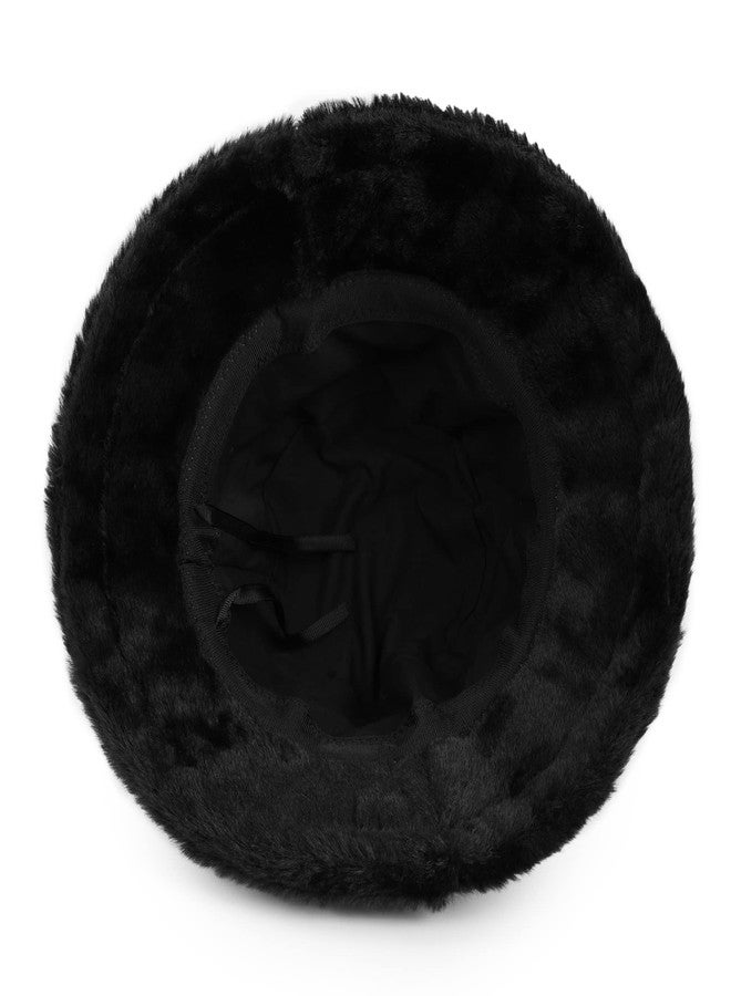 Umeepar Winter Faux Fur Fuzzy Bucket Hat Fluffy Warm Hat for Women Men (Plain Black) - Image 3